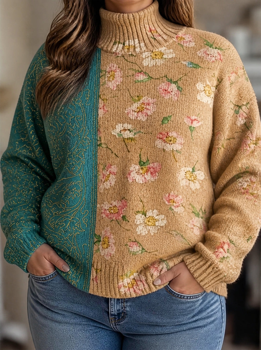 Floral embroidered oversized turtleneck sweater