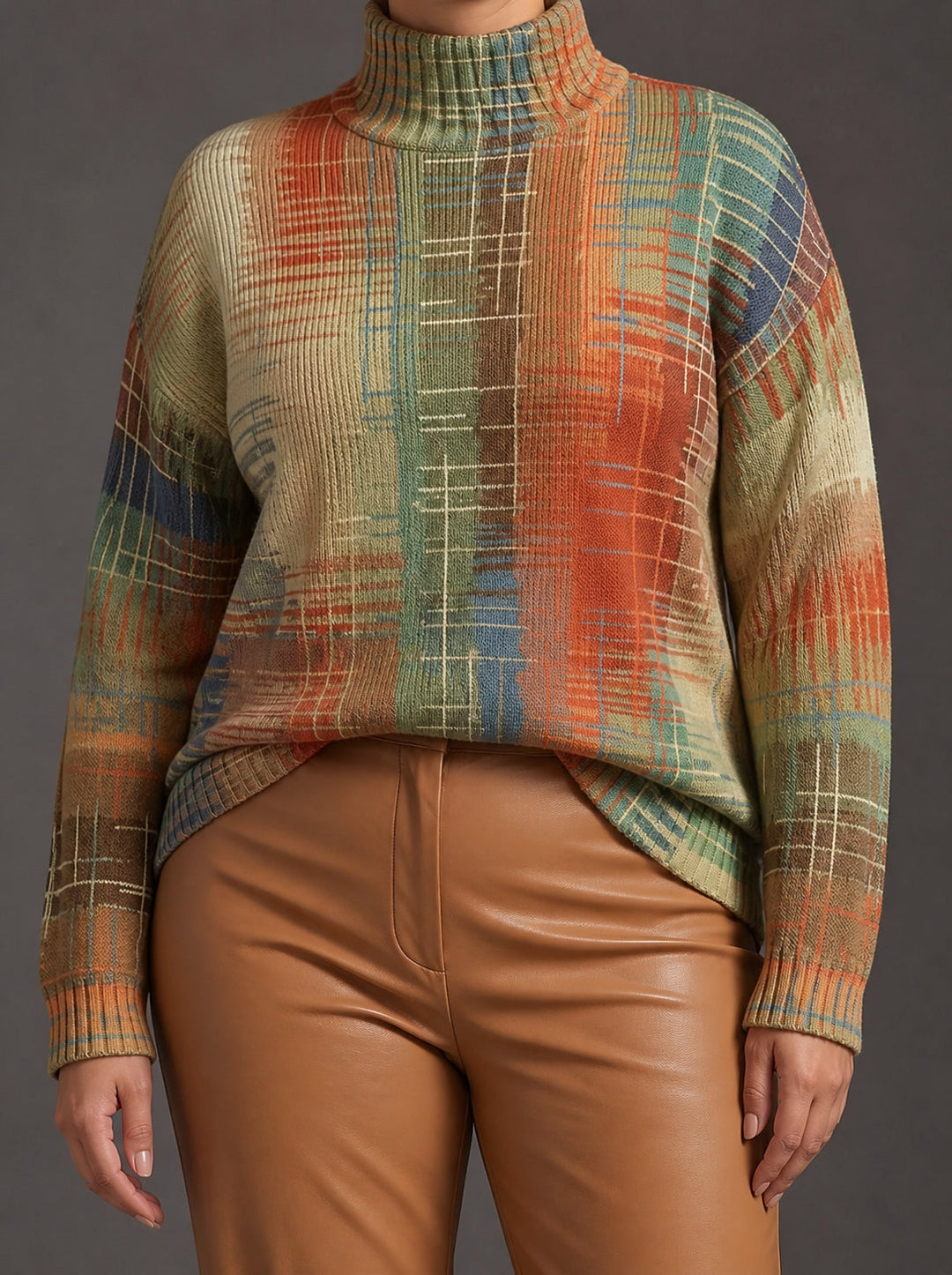 Painted stripe relaxed fit turtleneck pullover in autumn tones