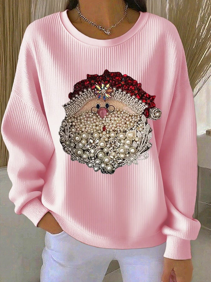 Comfortable Rhinestone Santa Print Sweatshirt for Women with Crewneck Long Sleeve Ribbed Knit Oversized Style