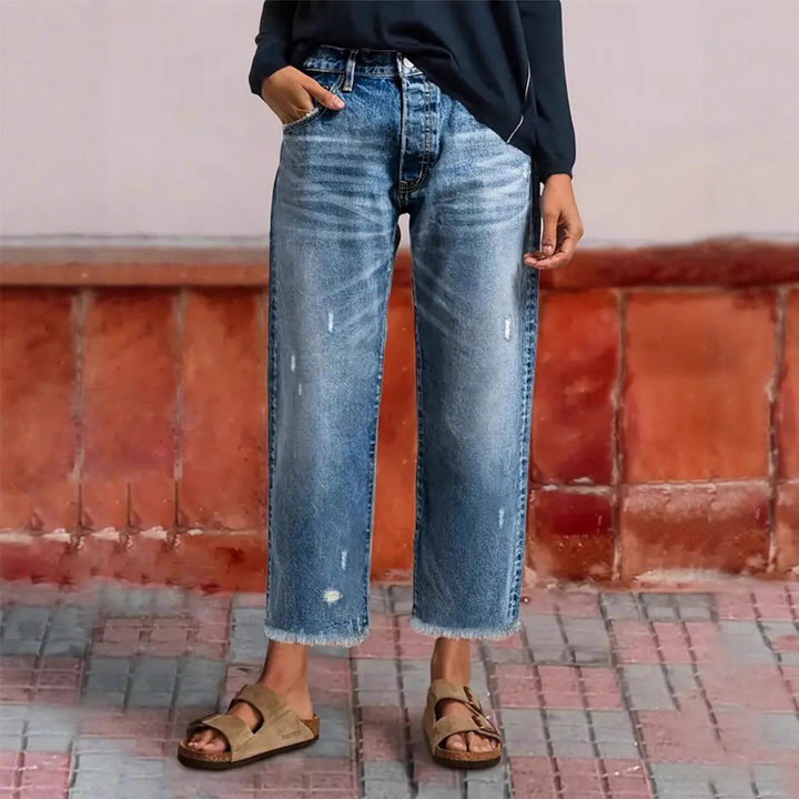 Effortless Blue Distressed Mom Jeans for Women with High Waist Frayed Hem Relaxed Style