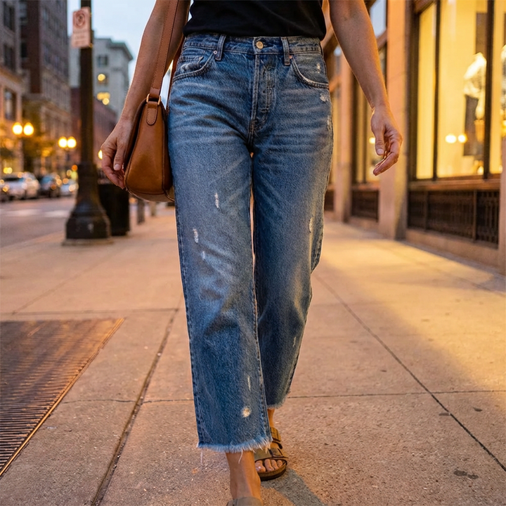 Effortless Blue Distressed Mom Jeans for Women with High Waist Frayed Hem Relaxed Style