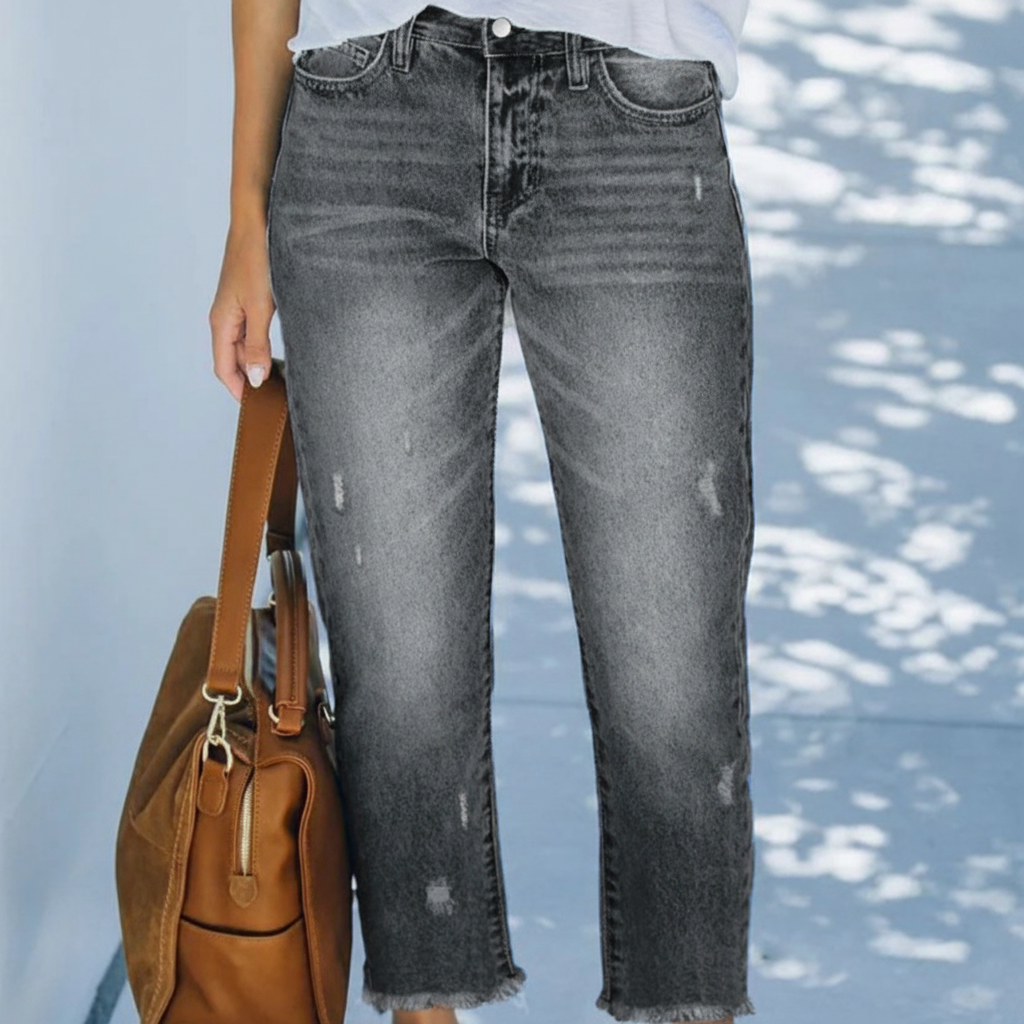 Effortless Blue Distressed Mom Jeans for Women with High Waist Frayed Hem Relaxed Style