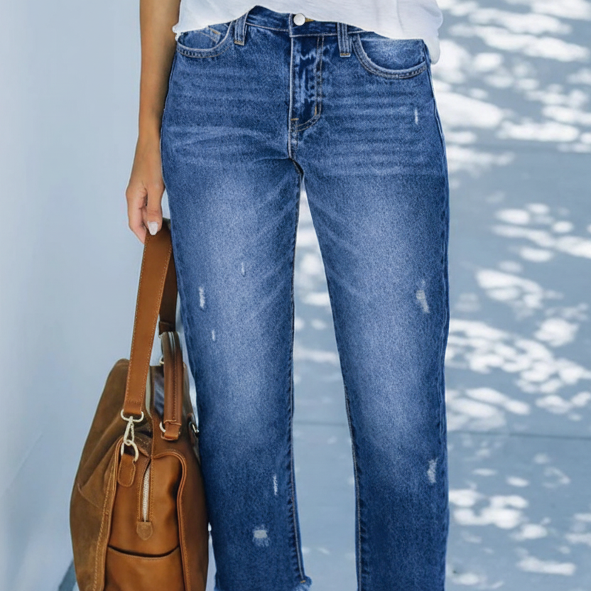 Effortless Blue Distressed Mom Jeans for Women with High Waist Frayed Hem Relaxed Style