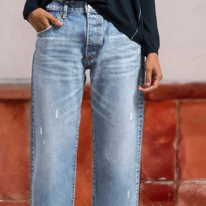 Effortless Blue Distressed Mom Jeans for Women with High Waist Frayed Hem Relaxed Style