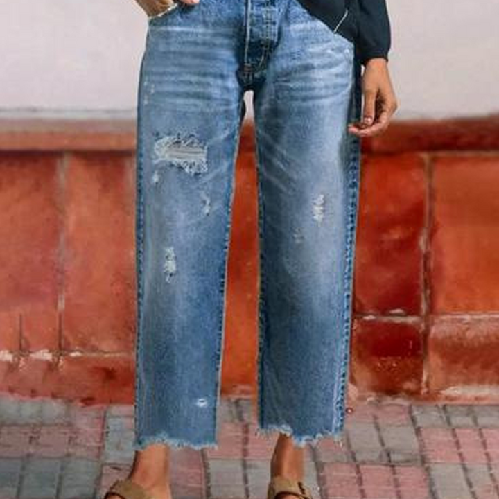 Effortless Blue Distressed Mom Jeans for Women with High Waist Frayed Hem Relaxed Style