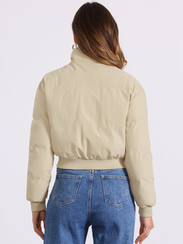 Effortless Bomber Jacket for Women with Zip Front Stand Collar Padded Cropped Style