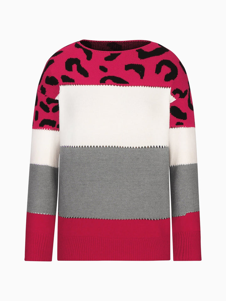 Effortless Sweatshirt for Women with Leopard Print Color Block Crewneck Knit Style