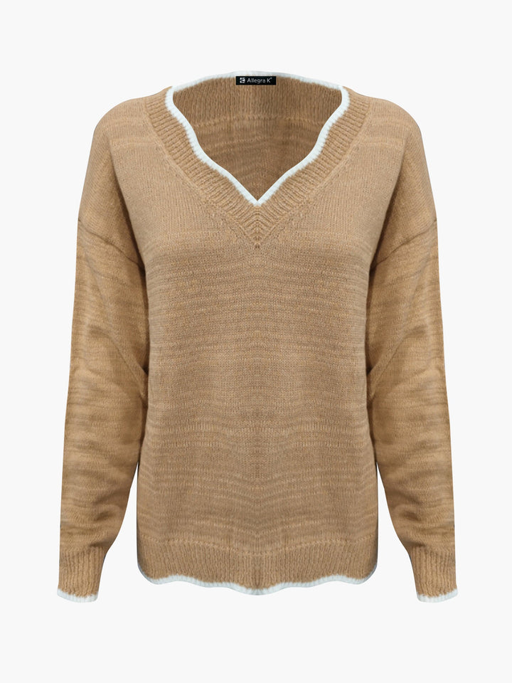 Effortless Sweatshirt for Women with Notch V Neck Long Sleeve Knit Style