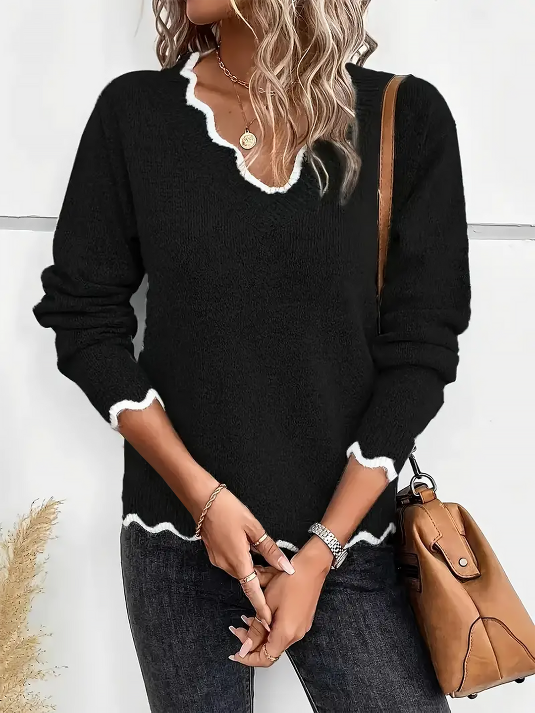 Effortless Sweatshirt for Women with Notch V Neck Long Sleeve Knit Style