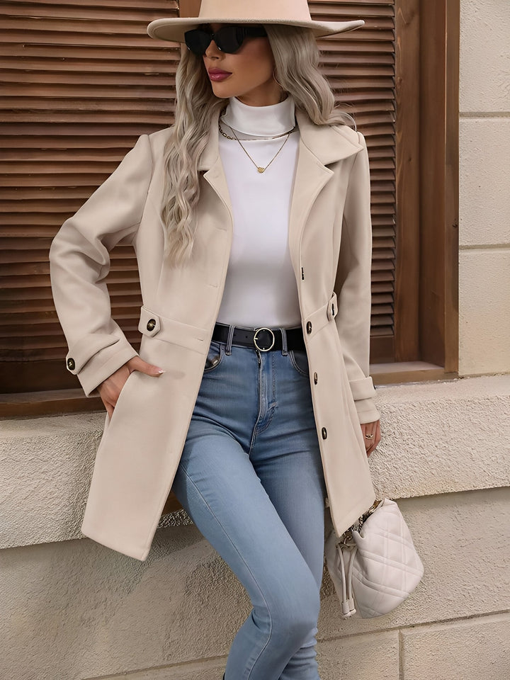 Elegant Trench Coat for Women with Notch Collar Belted Waist Double Breasted Style