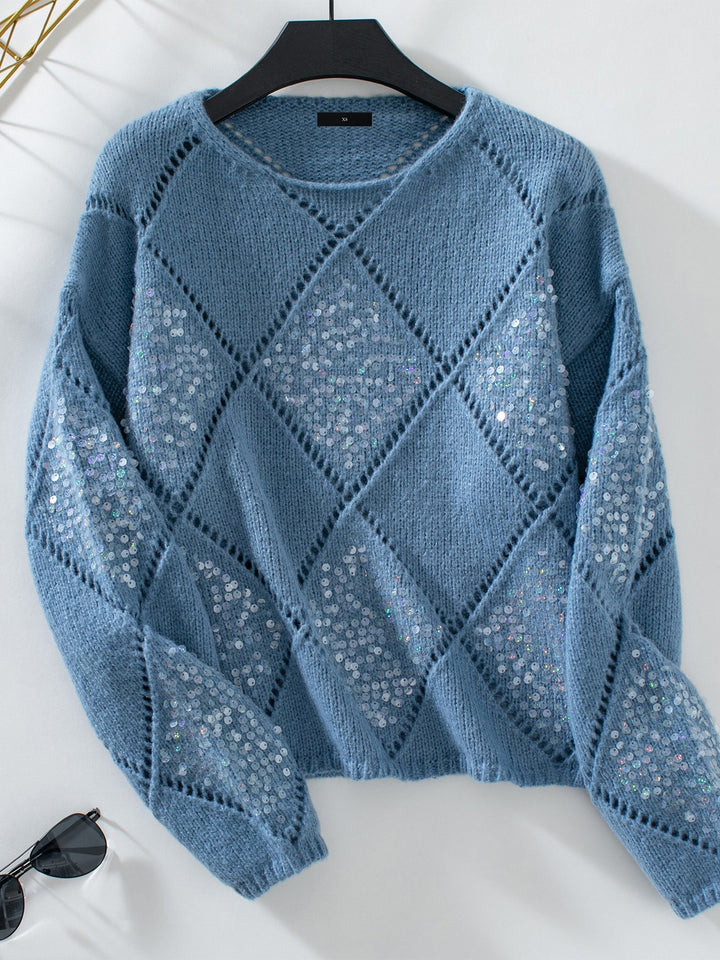 Comfortable Sequin Knit Sweater for Women with Crew Neck Diamond Pattern Sparkle Style