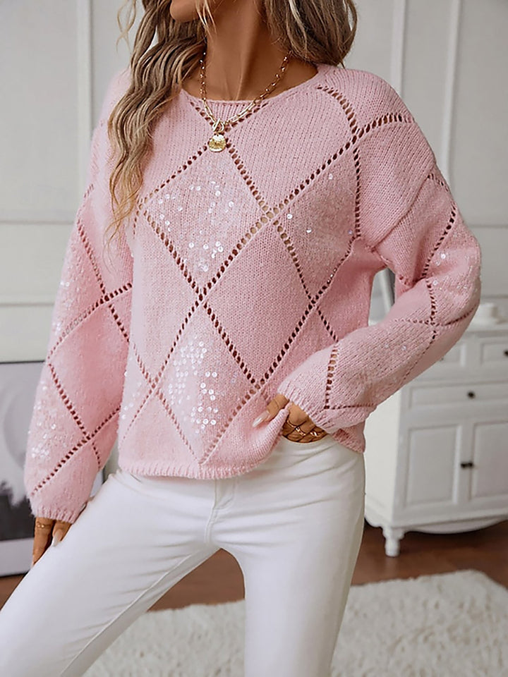 Comfortable Sequin Knit Sweater for Women with Crew Neck Diamond Pattern Sparkle Style