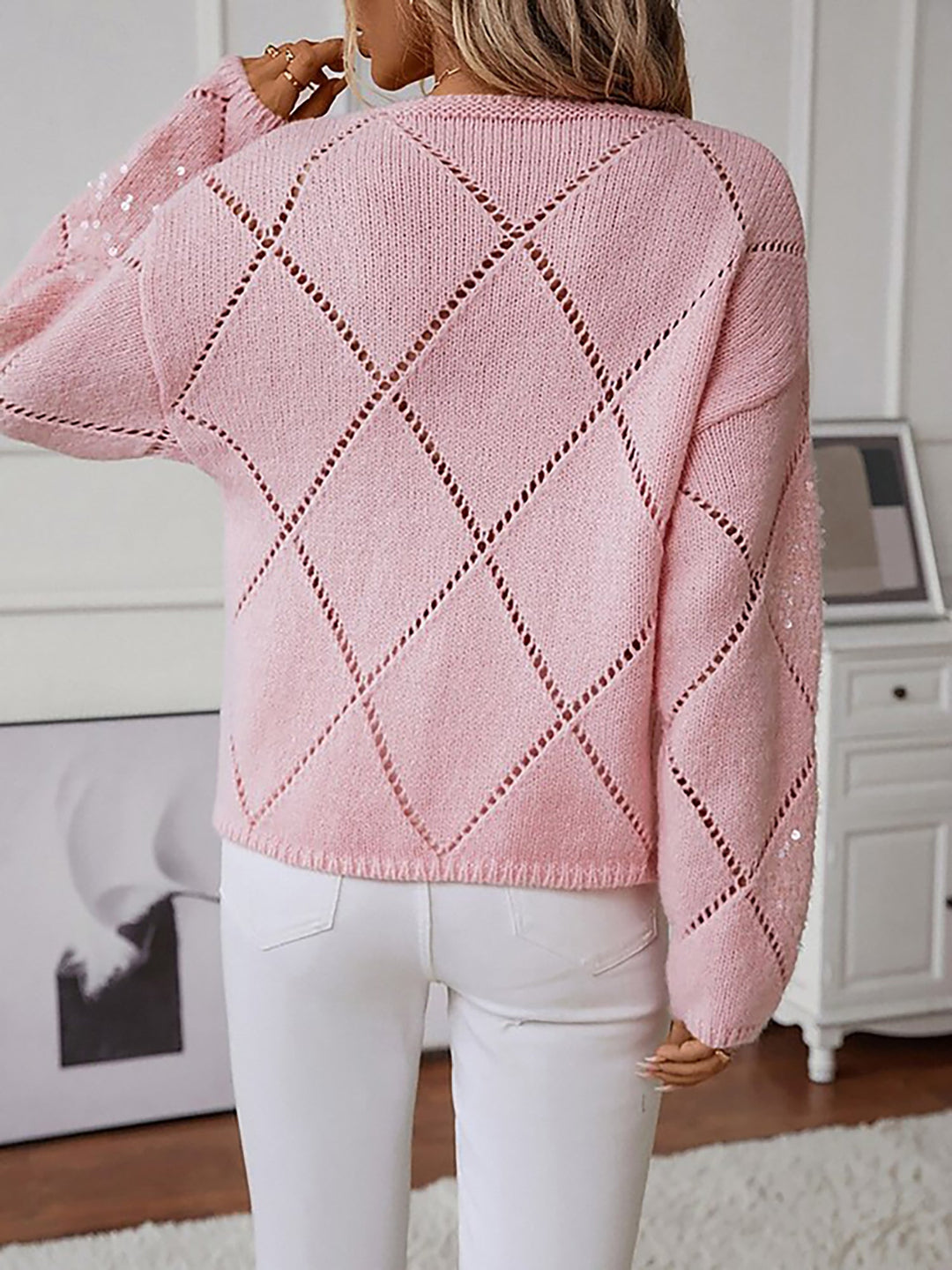 Comfortable Sequin Knit Sweater for Women with Crew Neck Diamond Pattern Sparkle Style