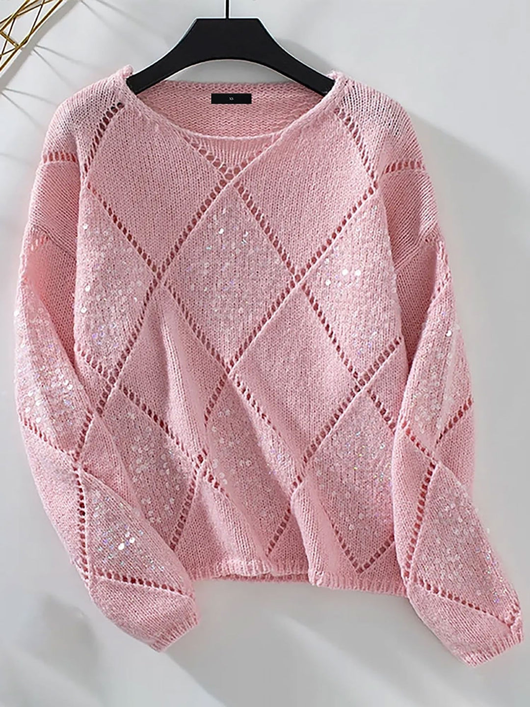 Comfortable Sequin Knit Sweater for Women with Crew Neck Diamond Pattern Sparkle Style