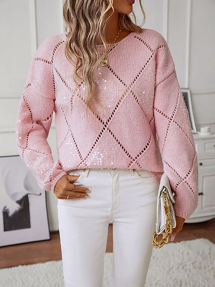 Comfortable Sequin Knit Sweater for Women with Crew Neck Diamond Pattern Sparkle Style