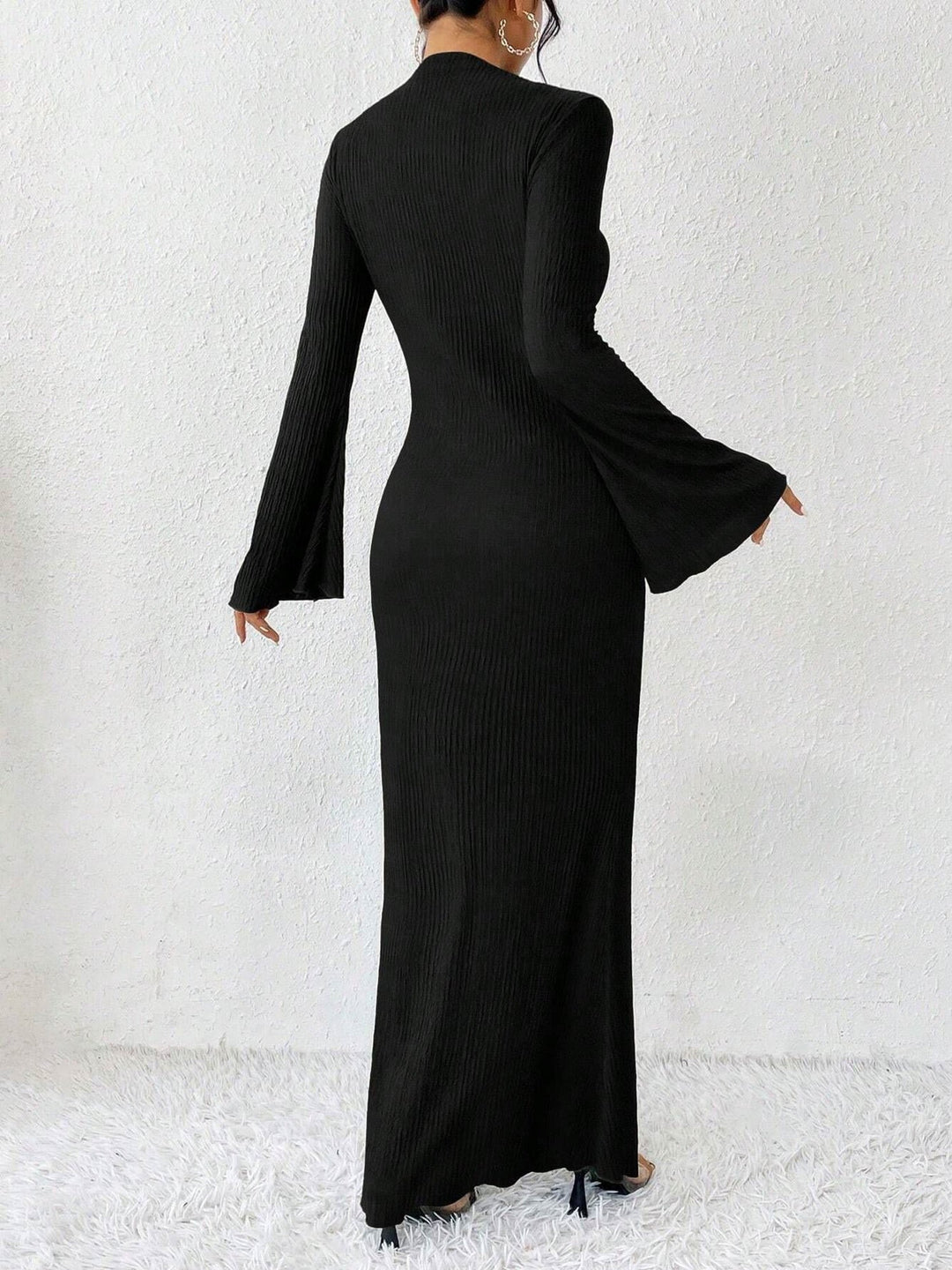 Elegant Black Tie Dress for Women with Mock Neck Long Sleeve Bodycon Maxi