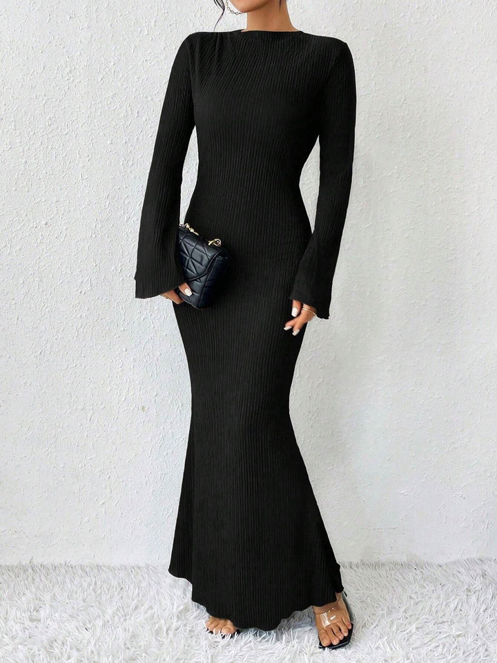 Elegant Black Tie Dress for Women with Mock Neck Long Sleeve Bodycon Maxi