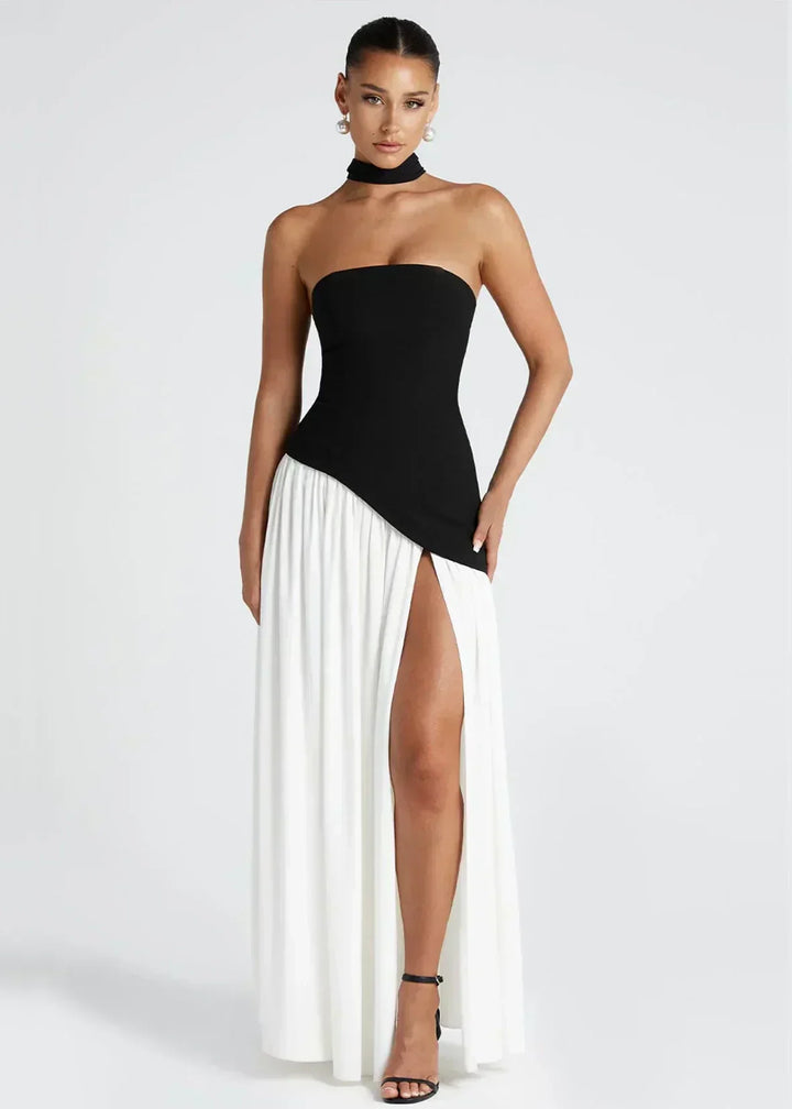 Elena – Maxi Dress with Off Shoulders, Slit & Choker Detail