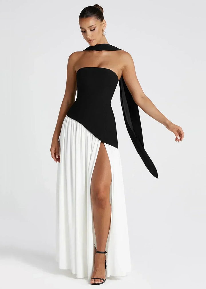 Elena – Maxi Dress with Off Shoulders, Slit & Choker Detail