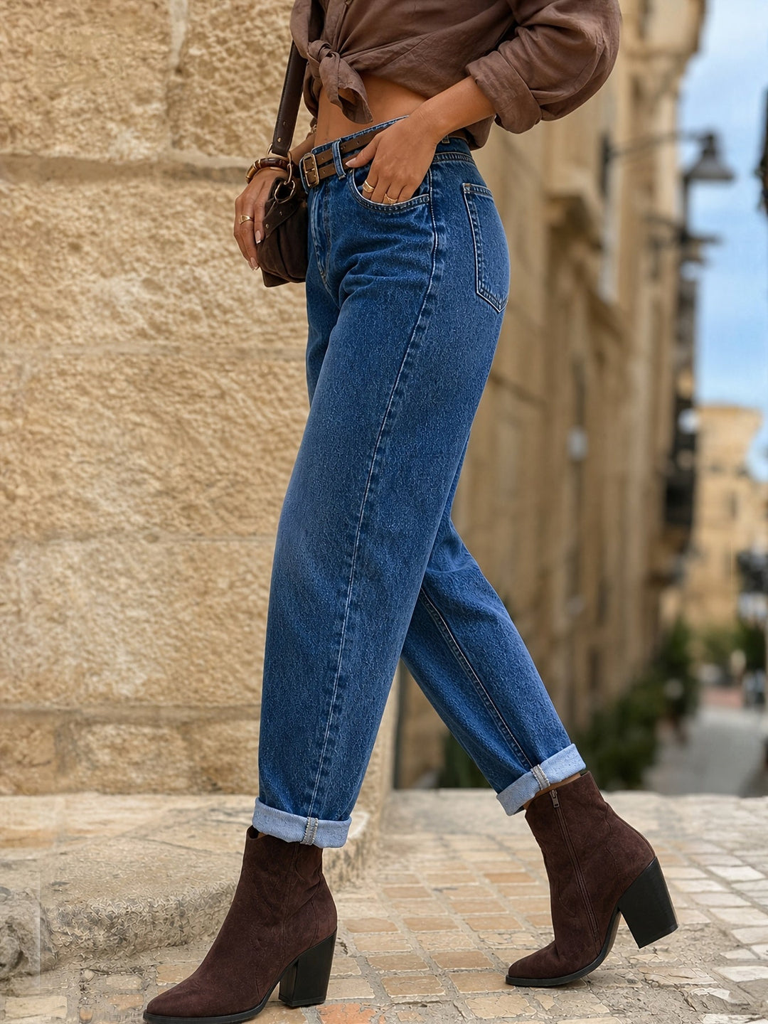 Effortless Deep Blue Relaxed Mom Jeans for Women with High Waist Cuffed Straight Leg