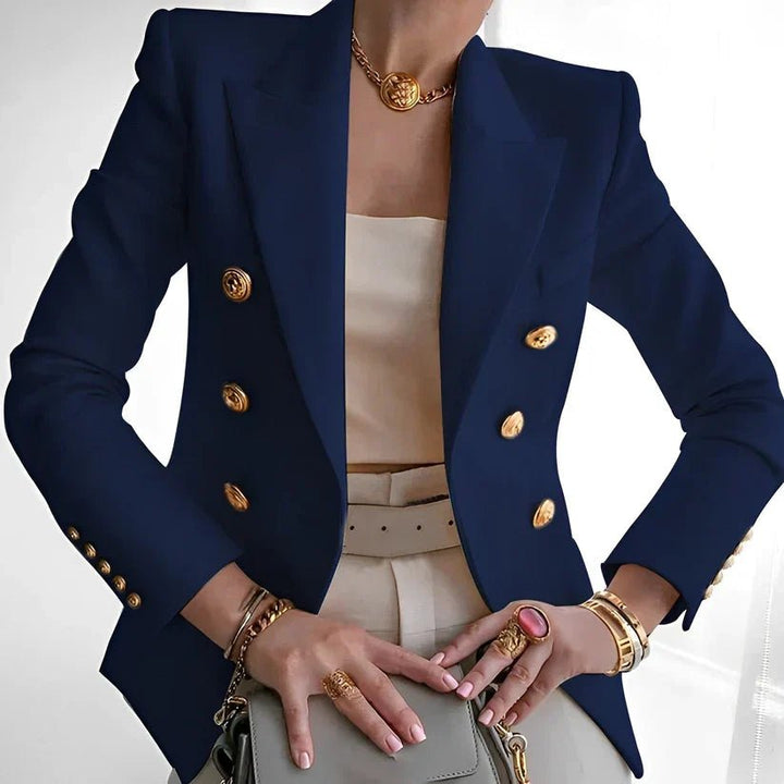 Elegant Tailored Blazer for Women with Double Breasted Gold Button Fitted Structured Style