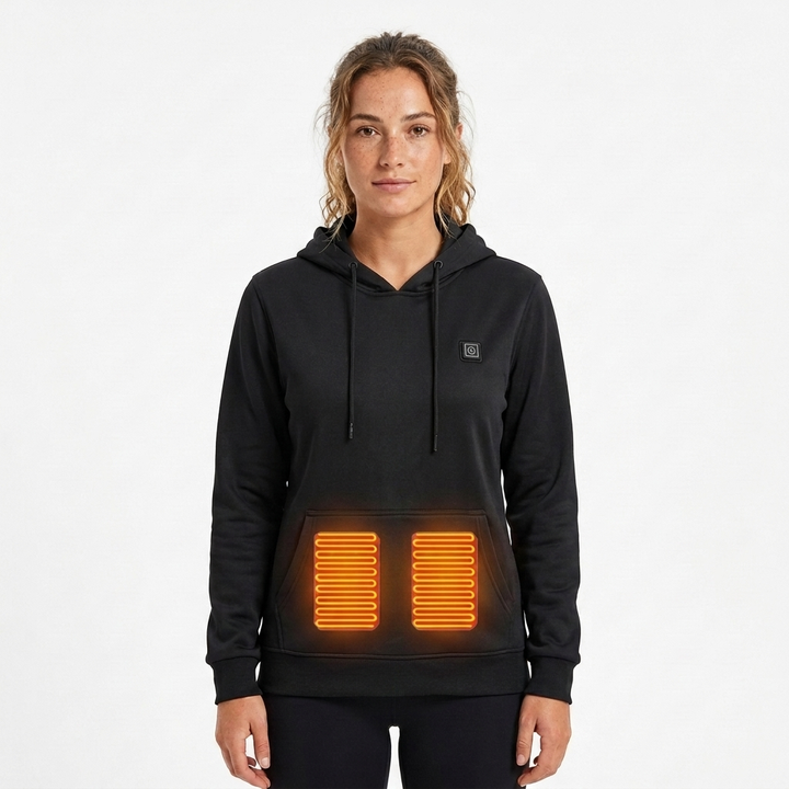 Comfortable Black Heated Hoodie for Women with Hooded Long Sleeve Kangaroo Pocket Relaxed Style