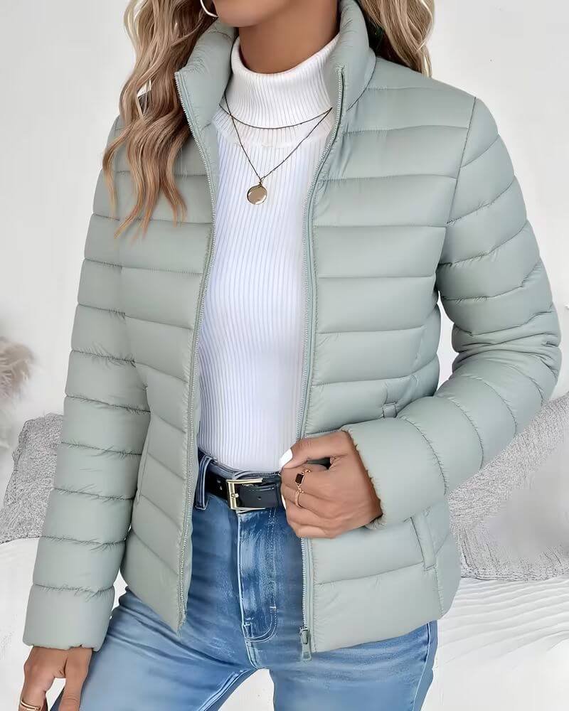 Effortless Quilted Puffer Jacket for Women with Stand Collar Long Sleeve Zip Front Relaxed Style