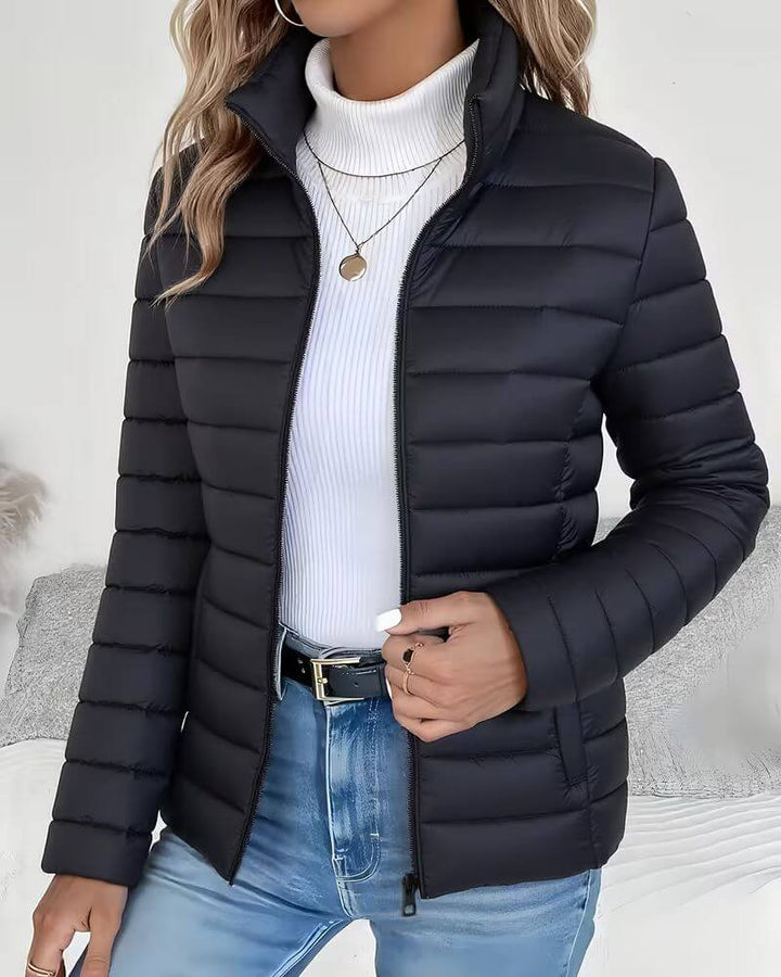 Effortless Quilted Puffer Jacket for Women with High Neck Long Sleeve Zip Front Casual Style