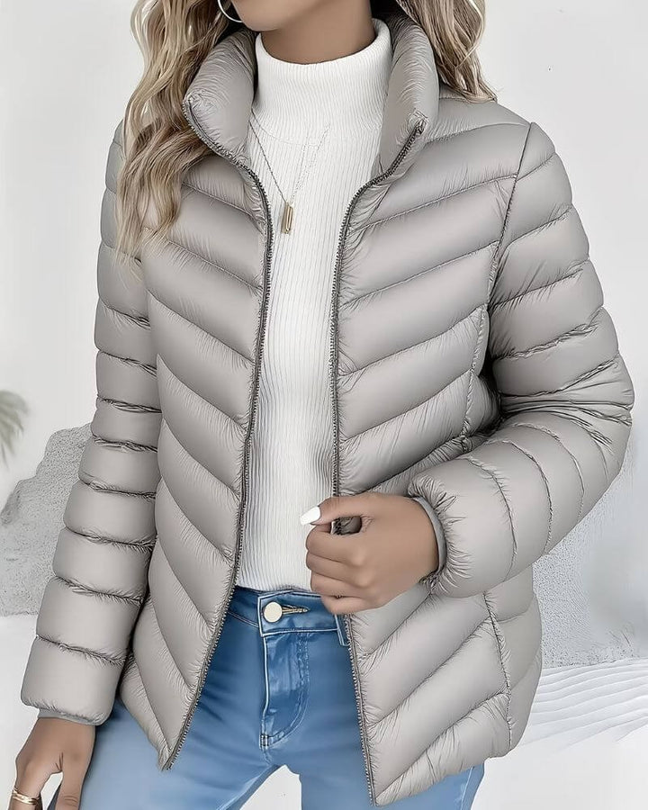 Effortless Quilted Puffer Jacket for Women with Stand Collar Long Sleeve Zip Front Relaxed Style