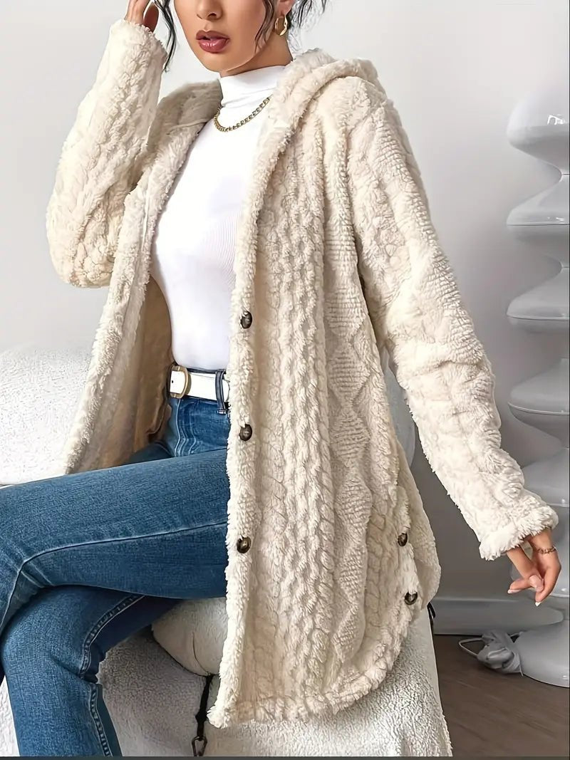 Comfortable Cardigan Sweater for Women with Plush Hooded Button-Front Long Style