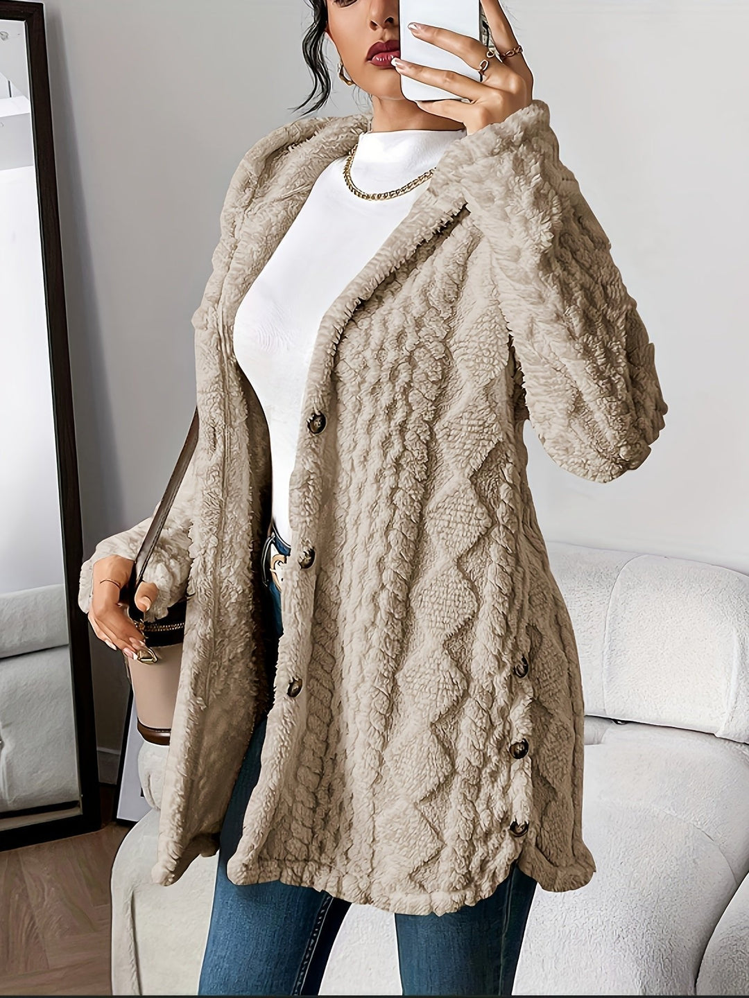 Comfortable Cardigan Sweater for Women with Plush Hooded Button-Front Long Style
