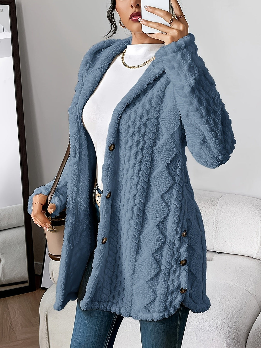 Comfortable Cardigan Sweater for Women with Plush Hooded Button-Front Long Style