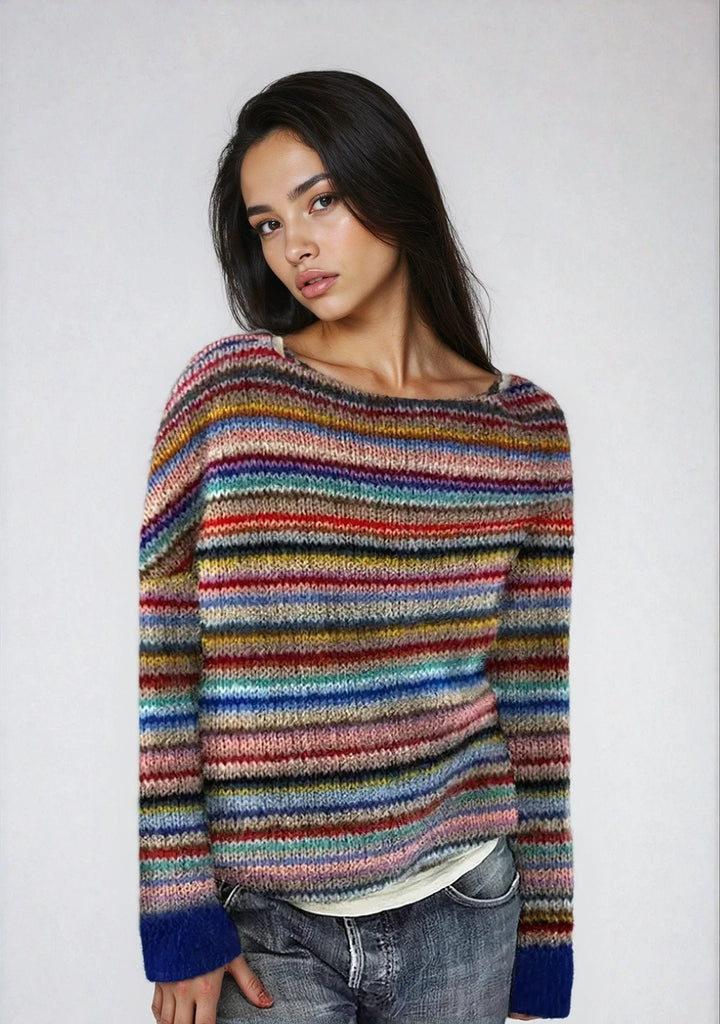 Effortless Sweaters for Women with Retro Striped Relaxed Fit Boat Neckline