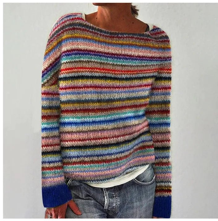 Effortless Sweaters for Women with Retro Striped Relaxed Fit Boat Neckline